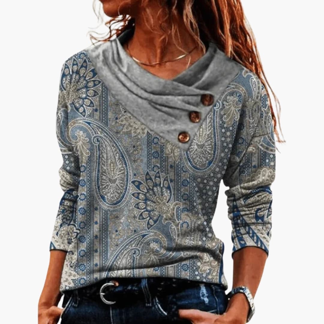 Pull femme à col drapé et motif ornemental