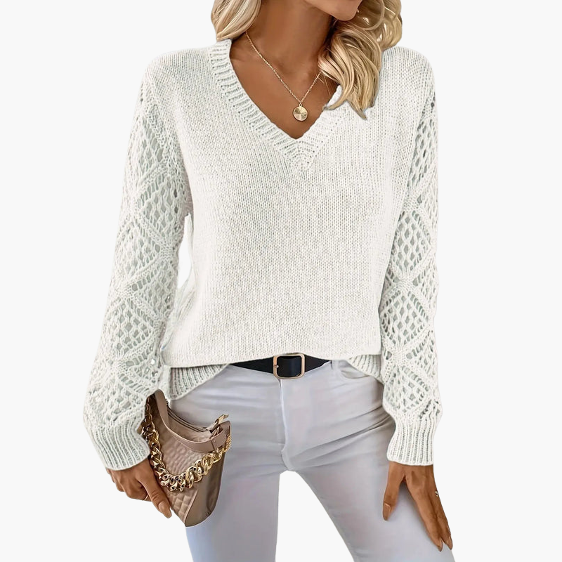 Pull femme à col en V en maille avec manches ajourées