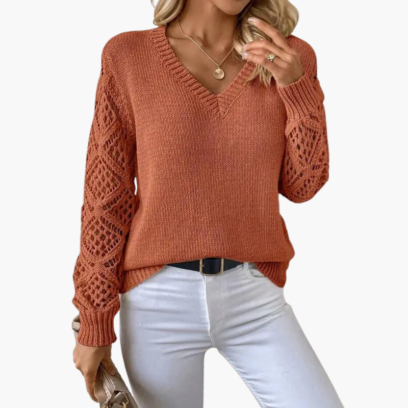 Pull femme à col en V en maille avec manches ajourées