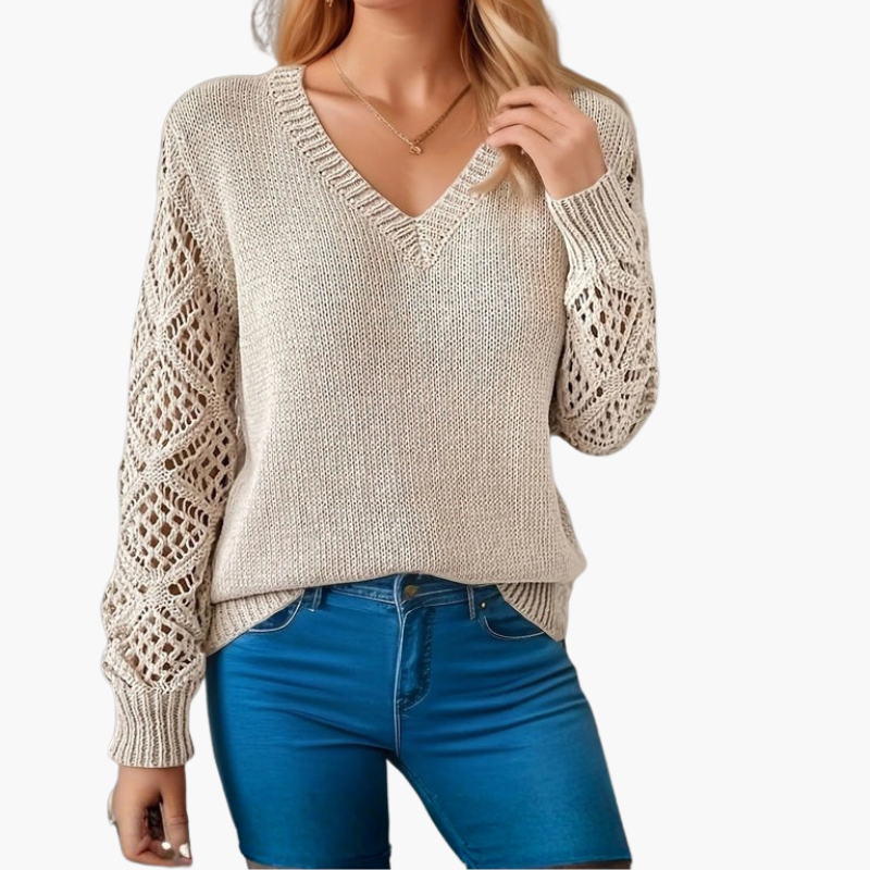 Pull femme à col en V en maille avec manches ajourées