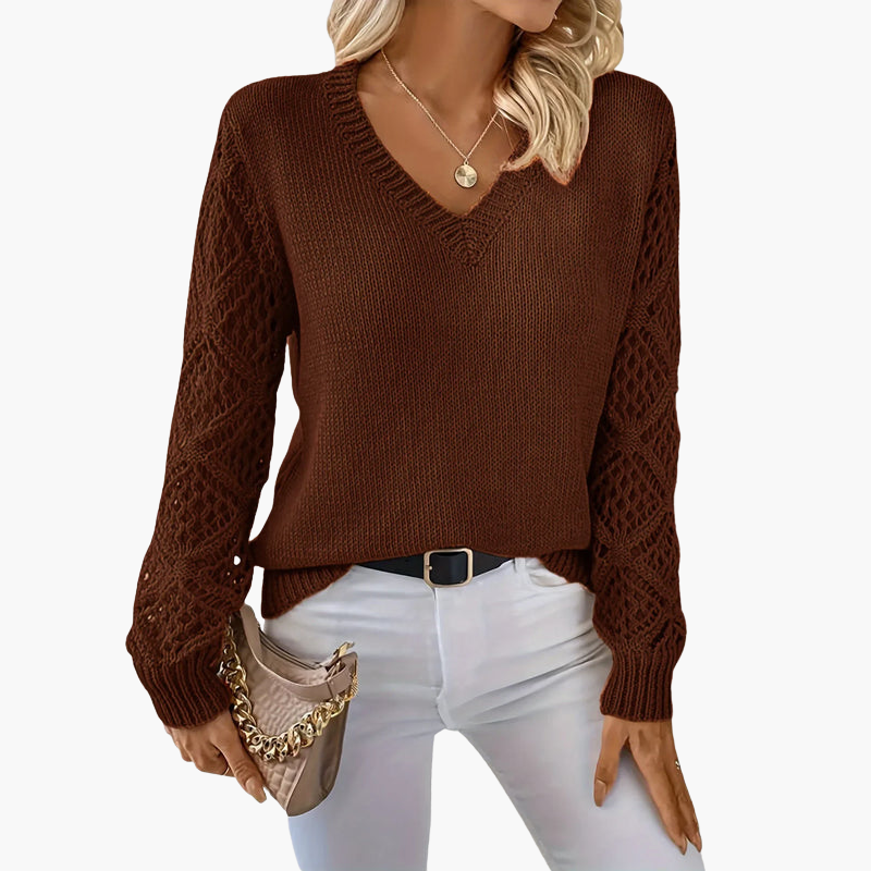 Pull femme à col en V en maille avec manches ajourées