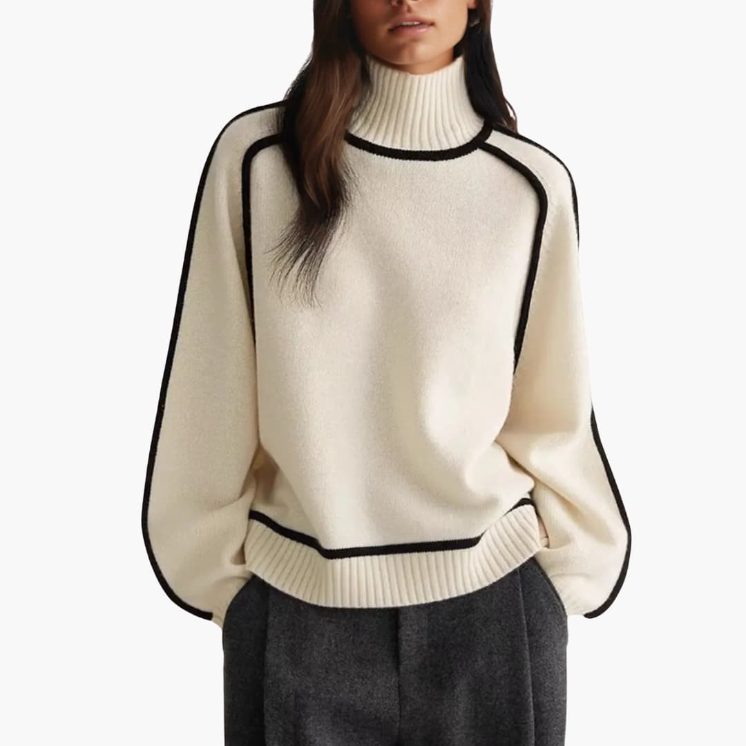 Suéter de mujer con cuello alto y bordes contrastantes