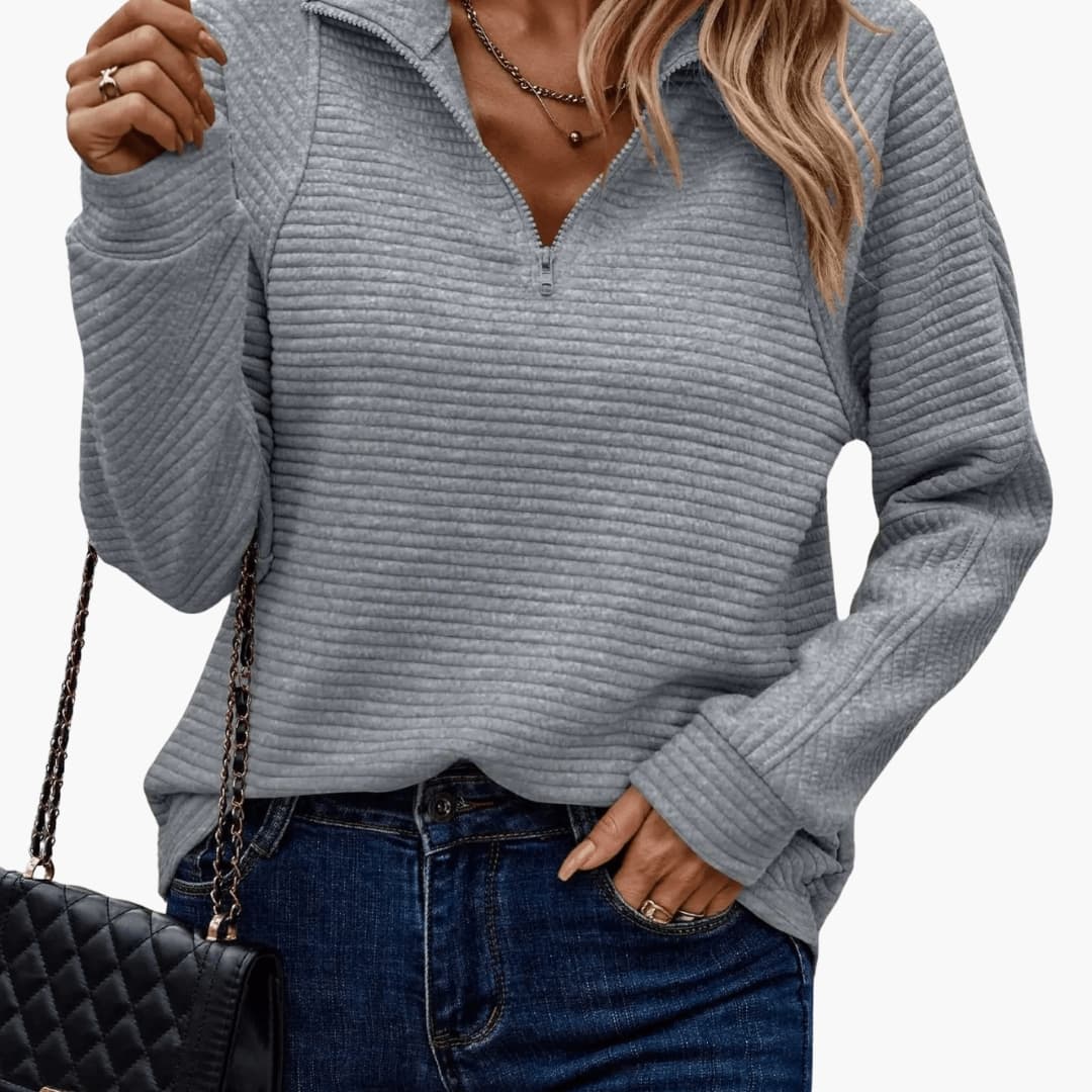 Maglione donna con collo con zip e superficie a coste