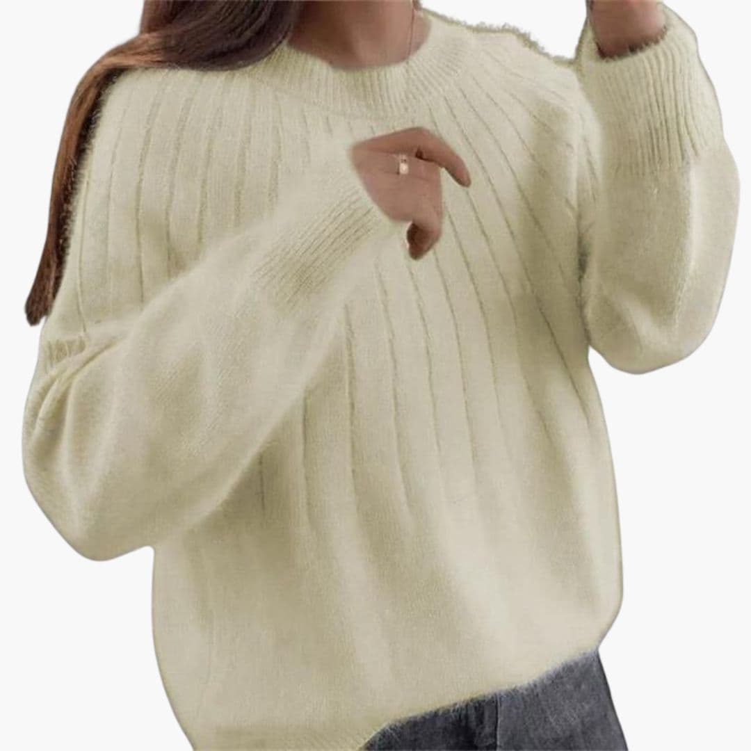 Camisola de malha canelada para mulher com gola redonda
