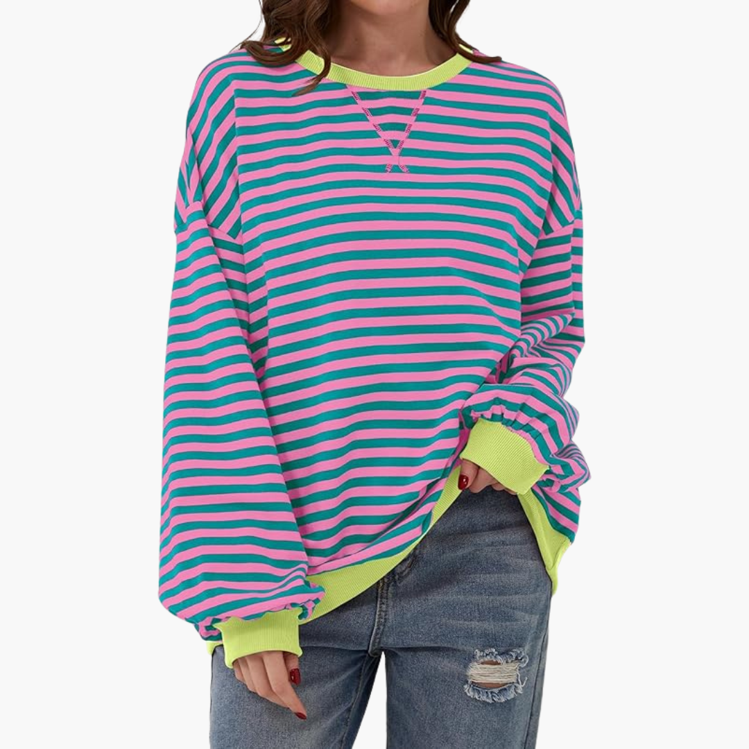 Stribet dame-sweatshirt med kontrastfinish og løs pasform