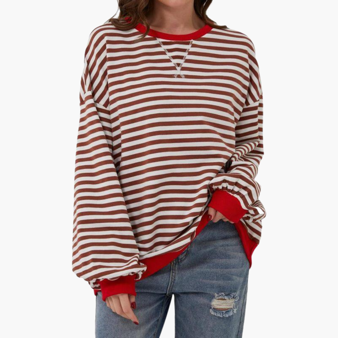 Stribet dame-sweatshirt med kontrastfinish og løs pasform
