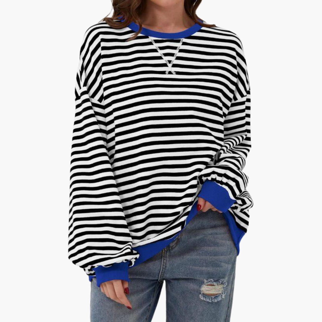 Stribet dame-sweatshirt med kontrastfinish og løs pasform