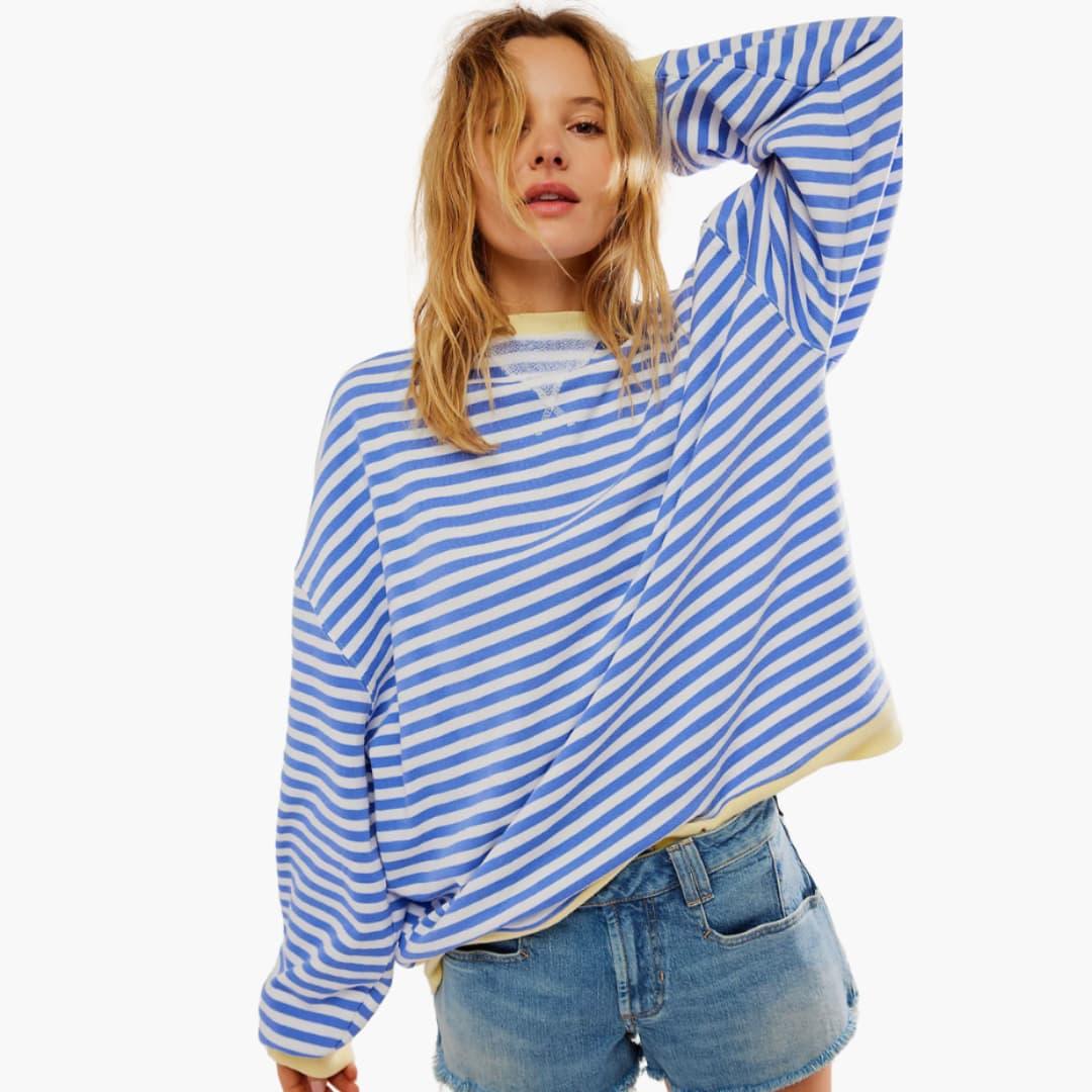 Stribet dame-sweatshirt med kontrastfinish og løs pasform