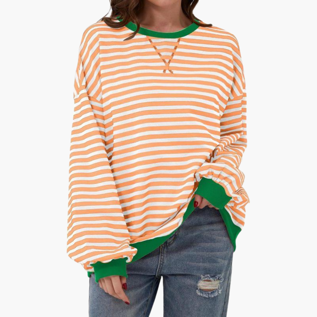 Stribet dame-sweatshirt med kontrastfinish og løs pasform