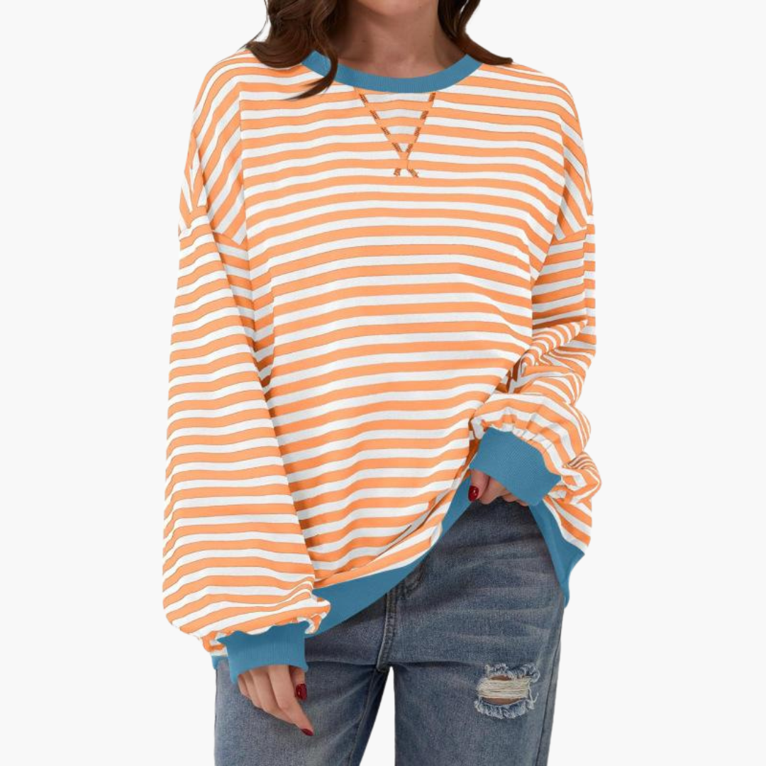 Stribet dame-sweatshirt med kontrastfinish og løs pasform