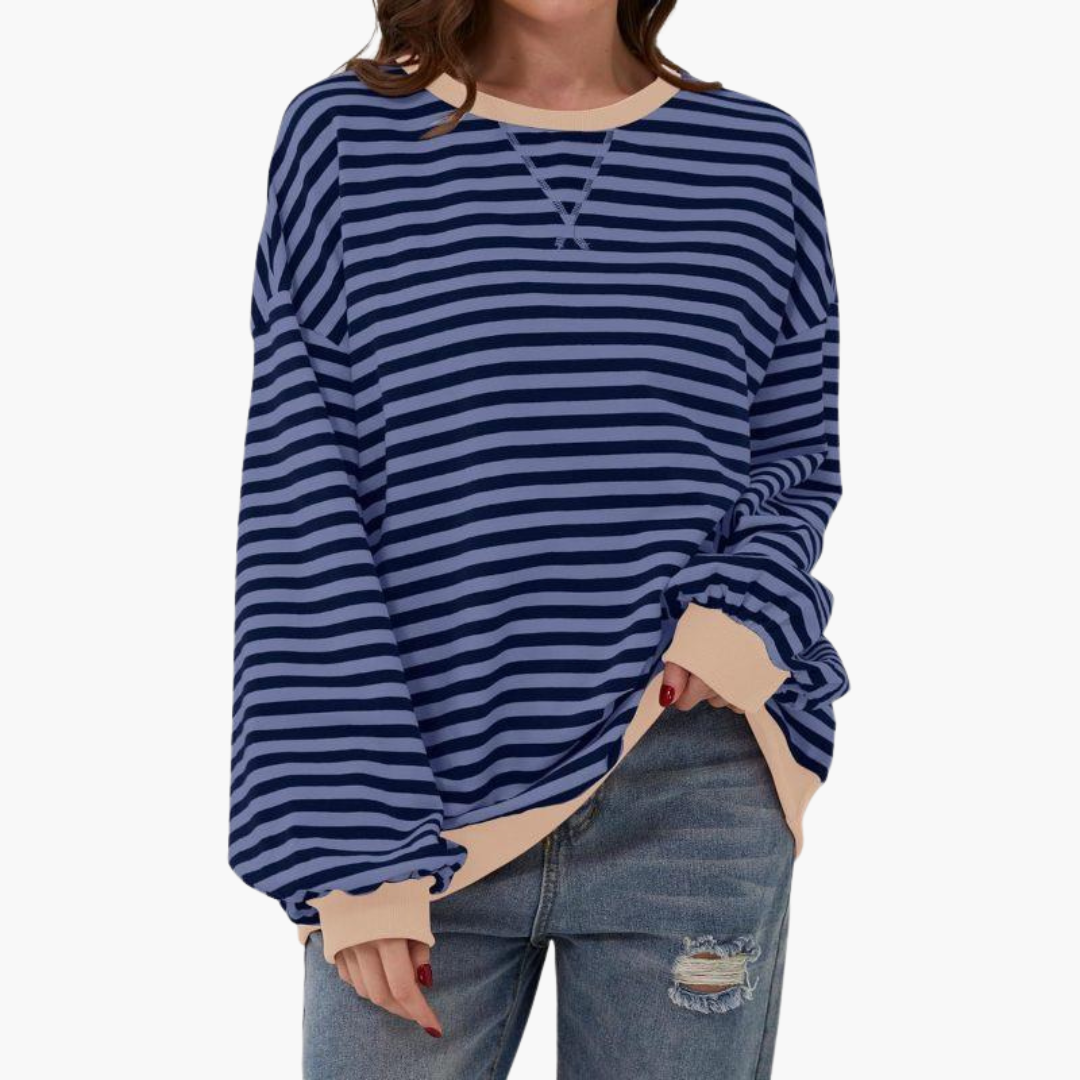 Stribet dame-sweatshirt med kontrastfinish og løs pasform