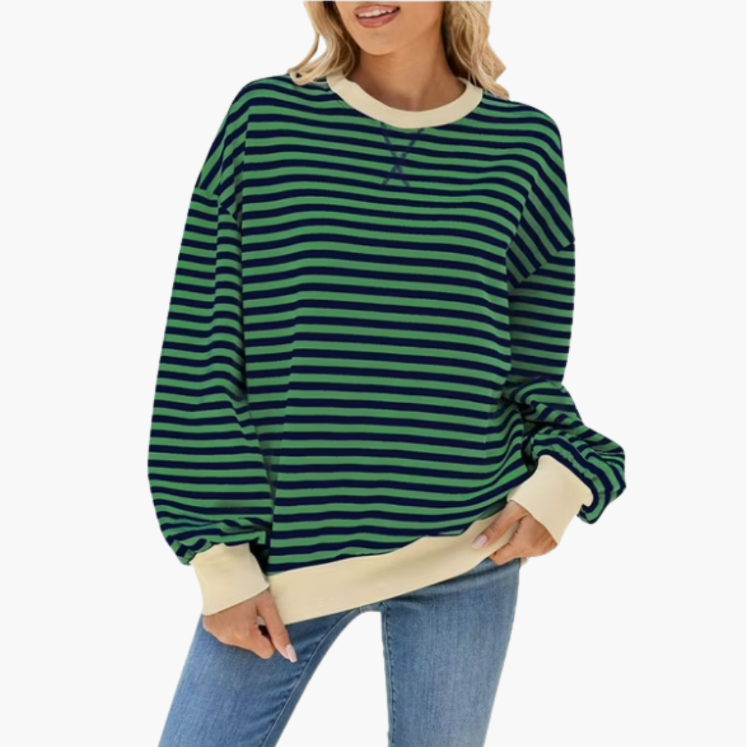 Stribet dame-sweatshirt med kontrastfinish og løs pasform