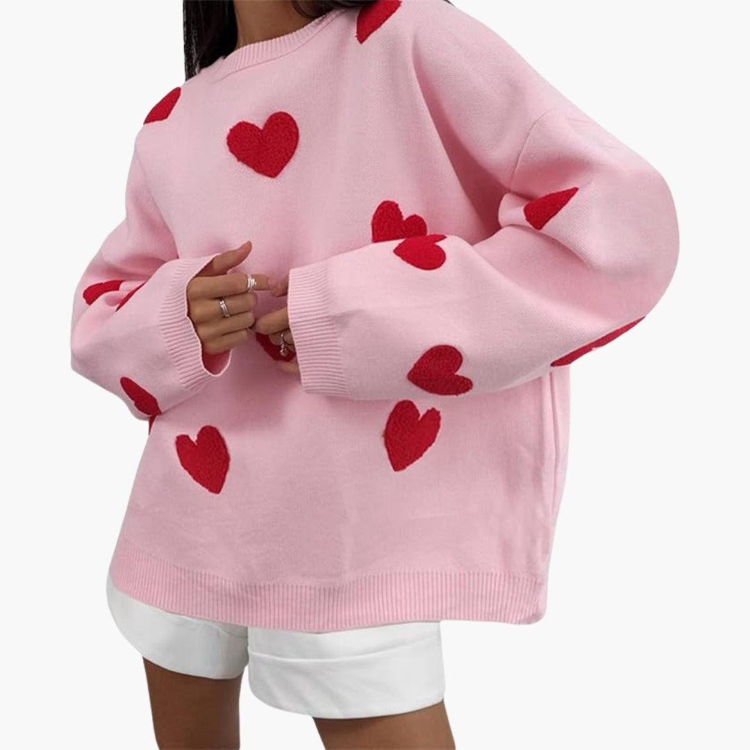 Damenpullover mit Rundhalsausschnitt und Herzmotiven