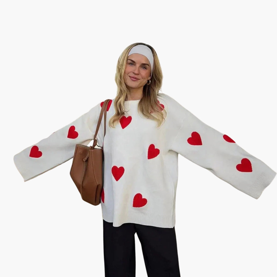 Damenpullover mit Rundhalsausschnitt und Herzmotiven
