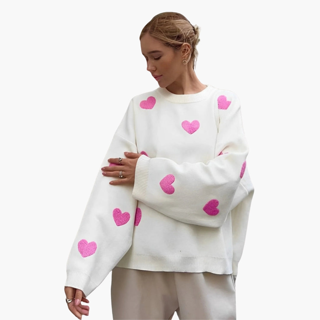 Damenpullover mit Rundhalsausschnitt und Herzmotiven