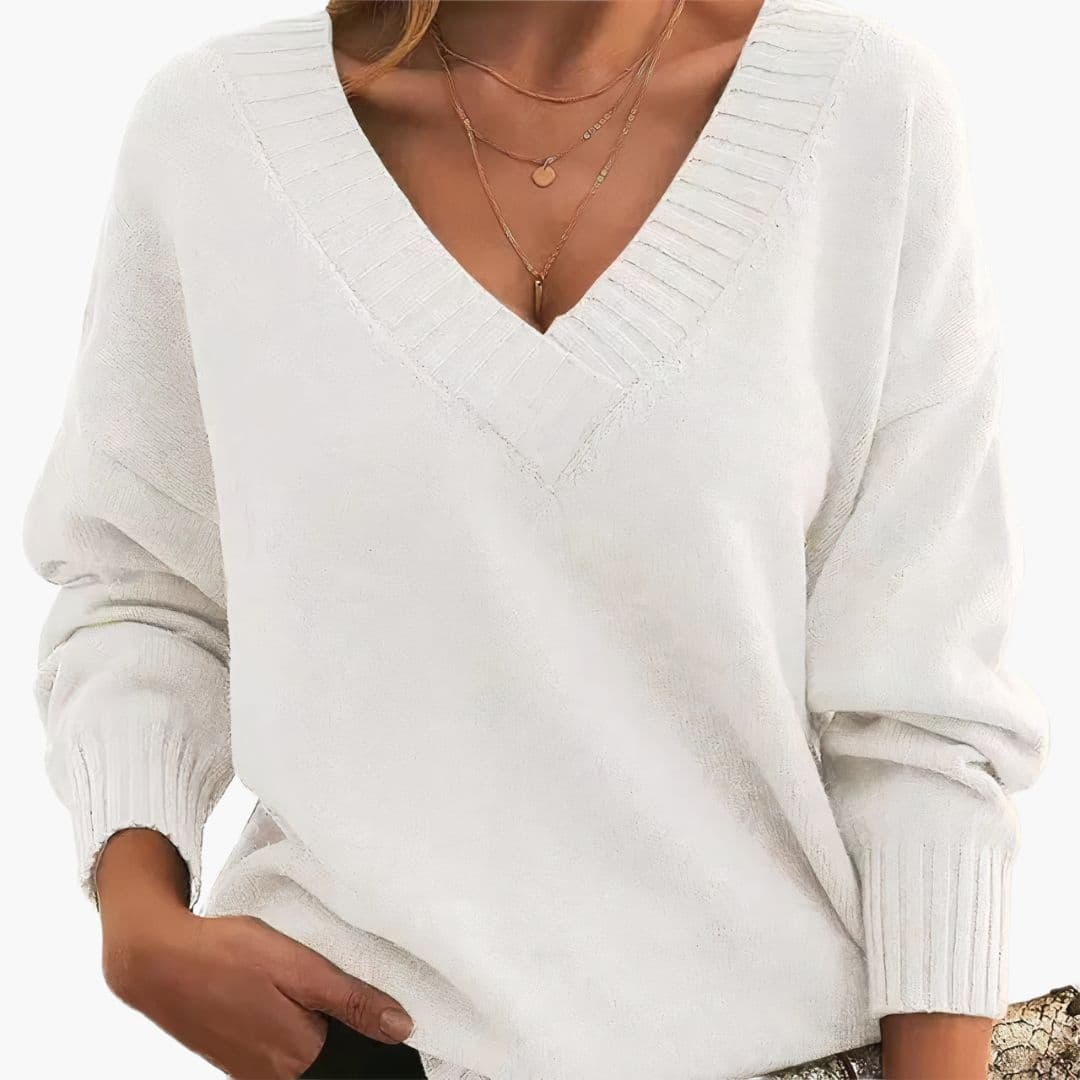 Pull femme col V avec finitions côtelées