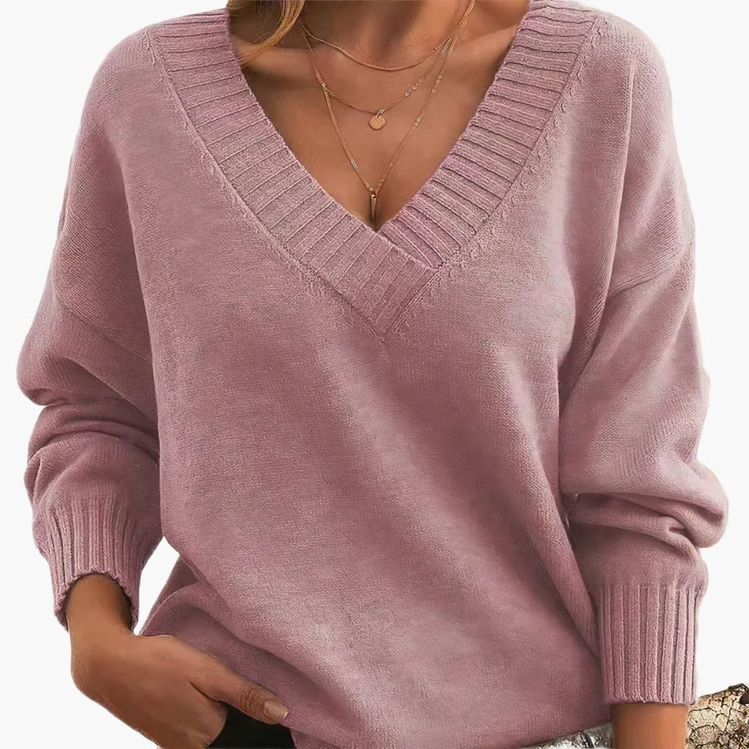 Pull femme col V avec finitions côtelées