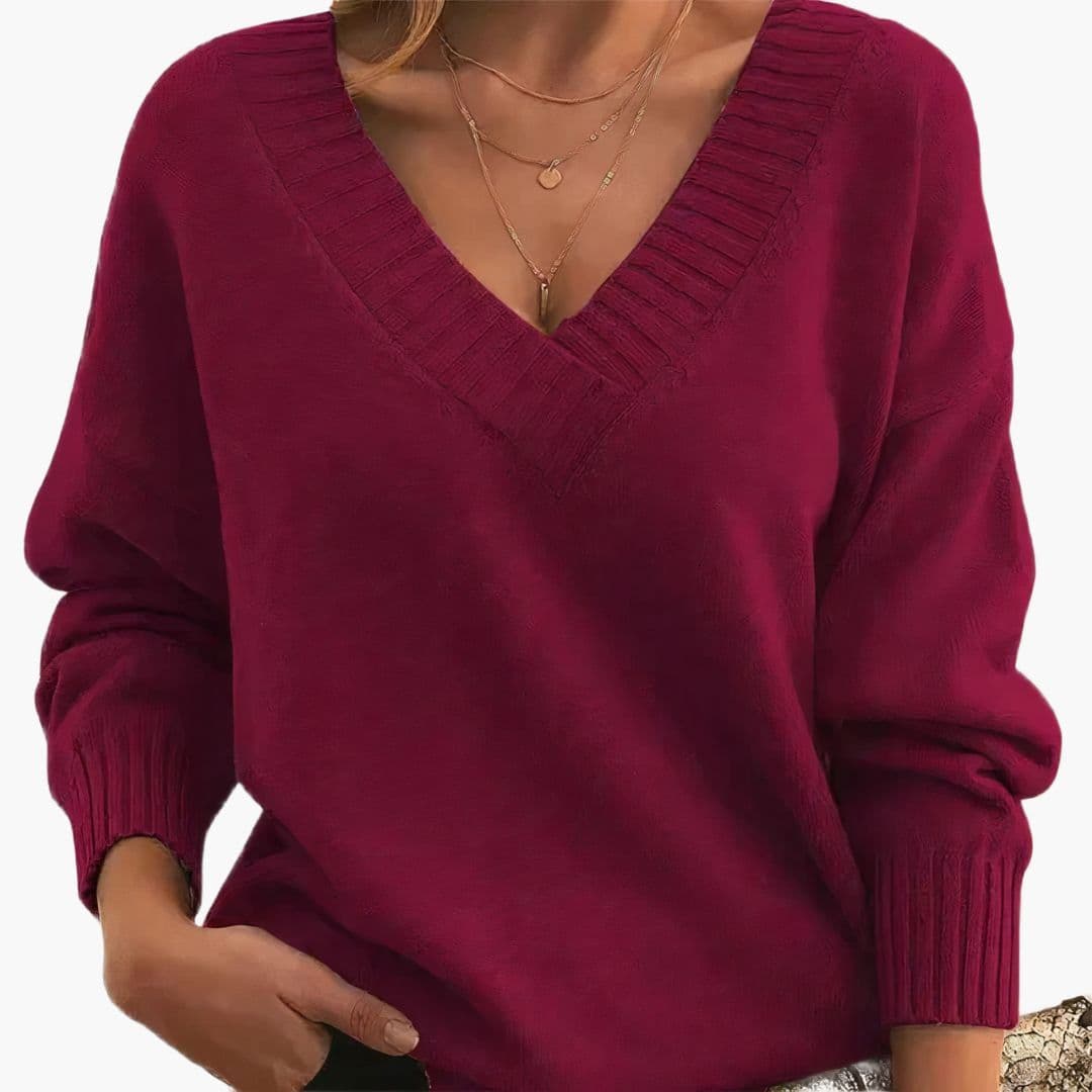 Pull femme col V avec finitions côtelées