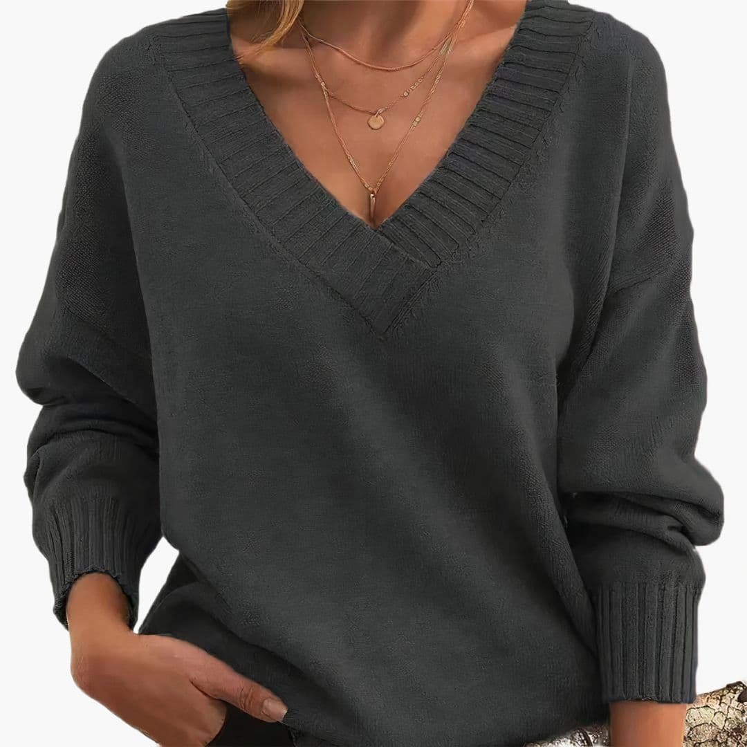 Pull femme col V avec finitions côtelées