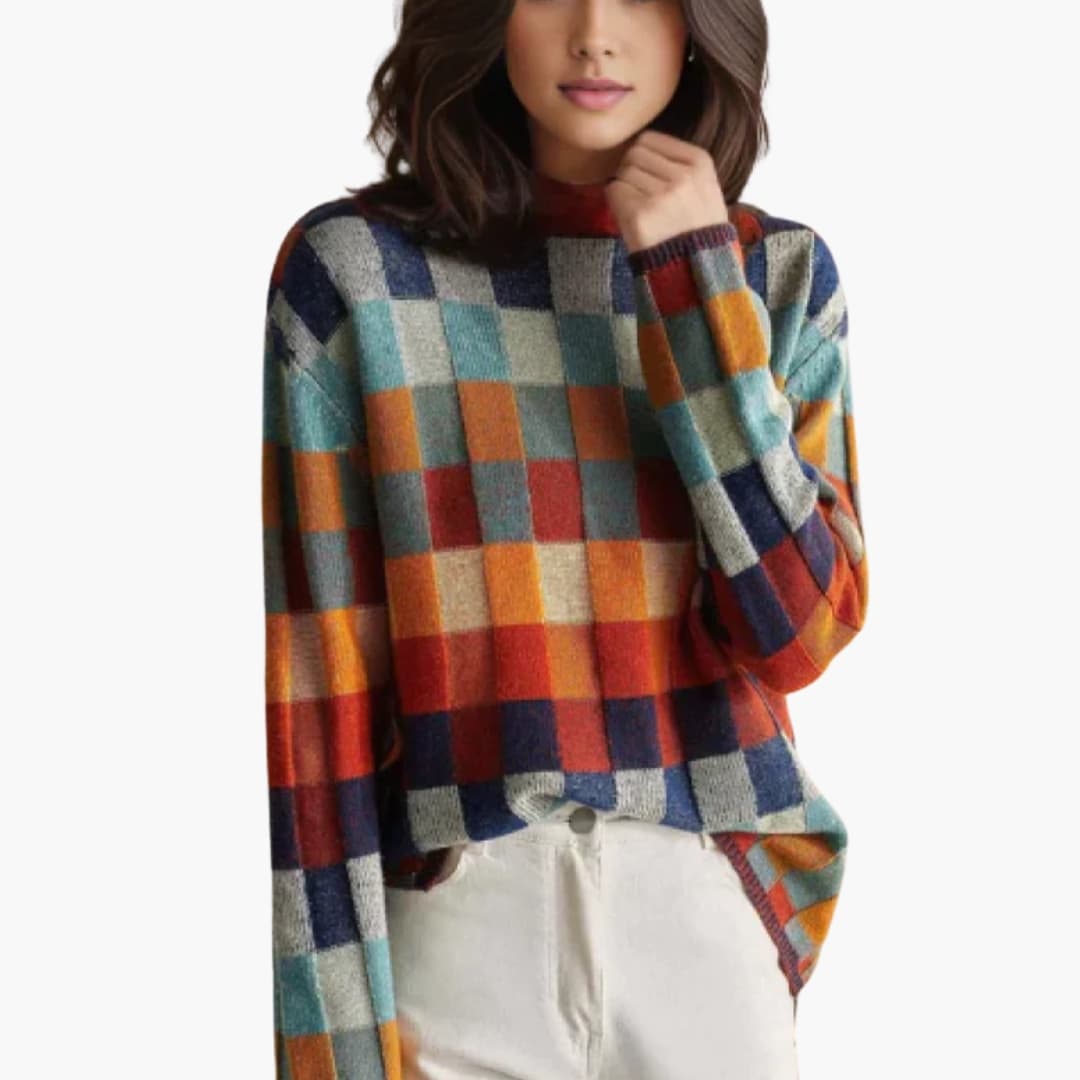 Pull femme en maille à carreaux multicolores avec coupe ample