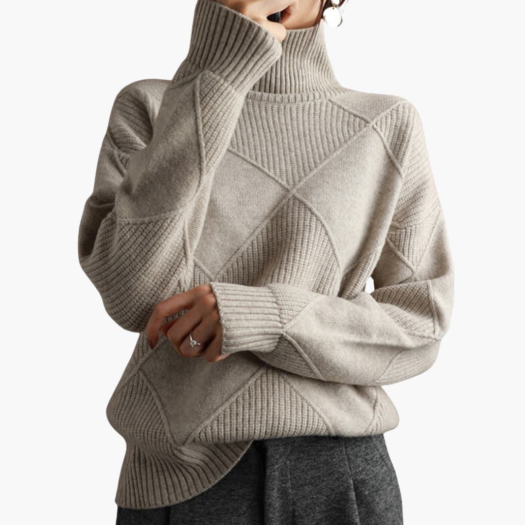 Women's knit sweater with textured diamond pattern and ribbed collar