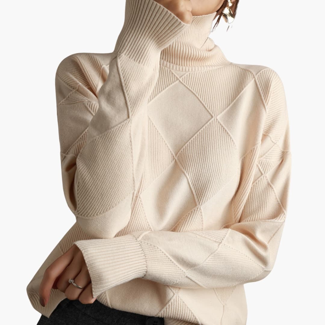 Women's knit sweater with textured diamond pattern and ribbed collar