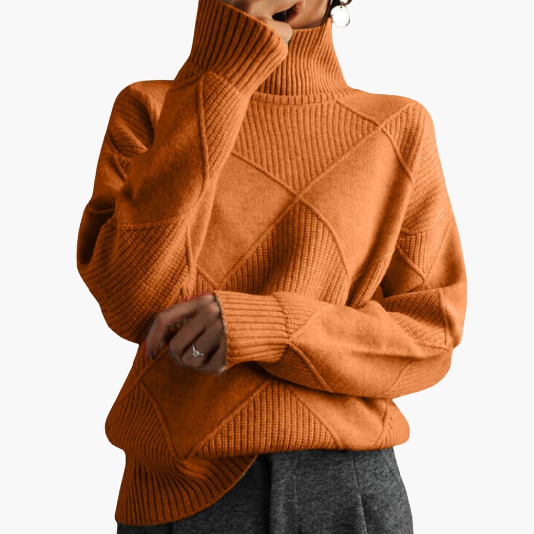 Women's knit sweater with textured diamond pattern and ribbed collar