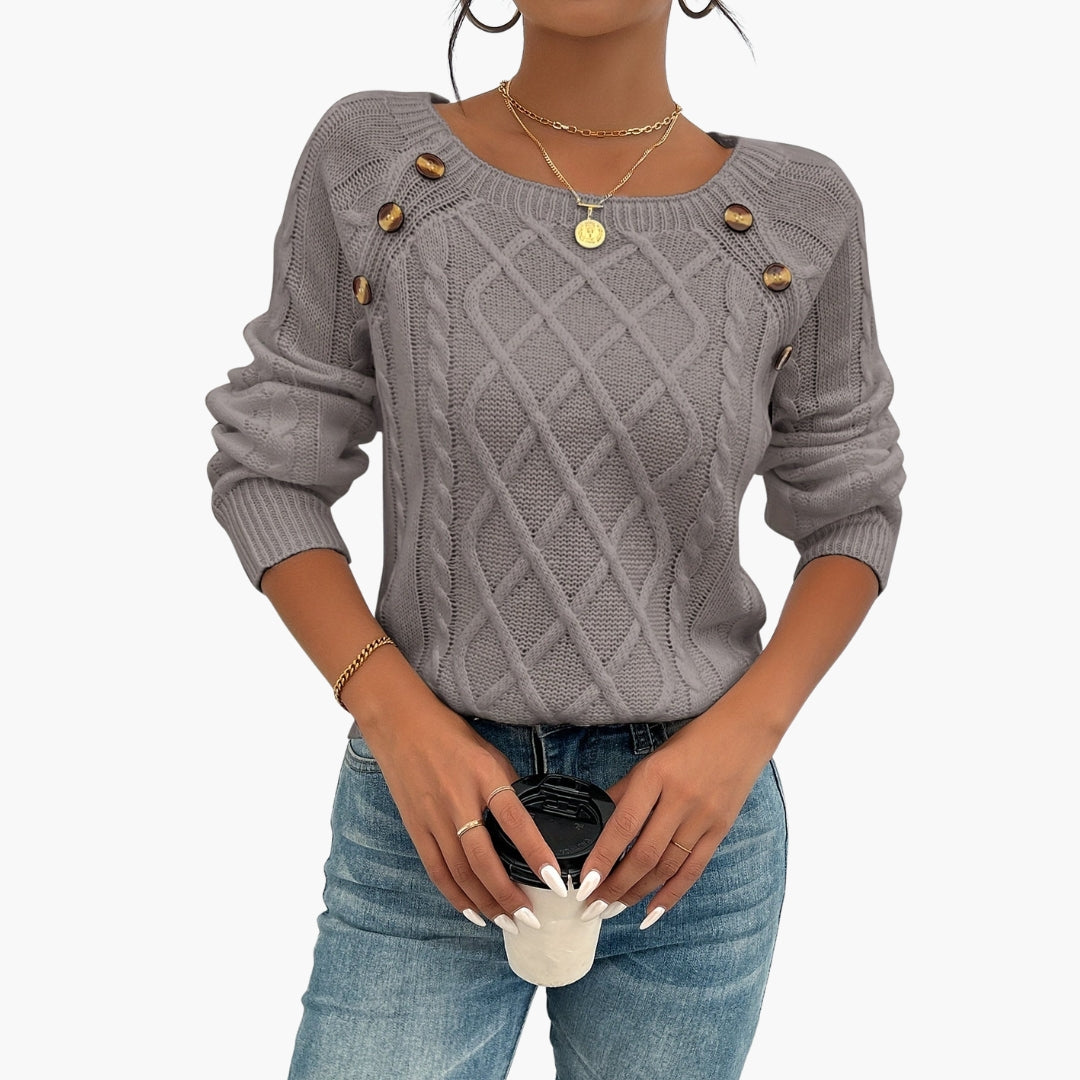 Pull femme maille torsadée col rond avec détail boutons