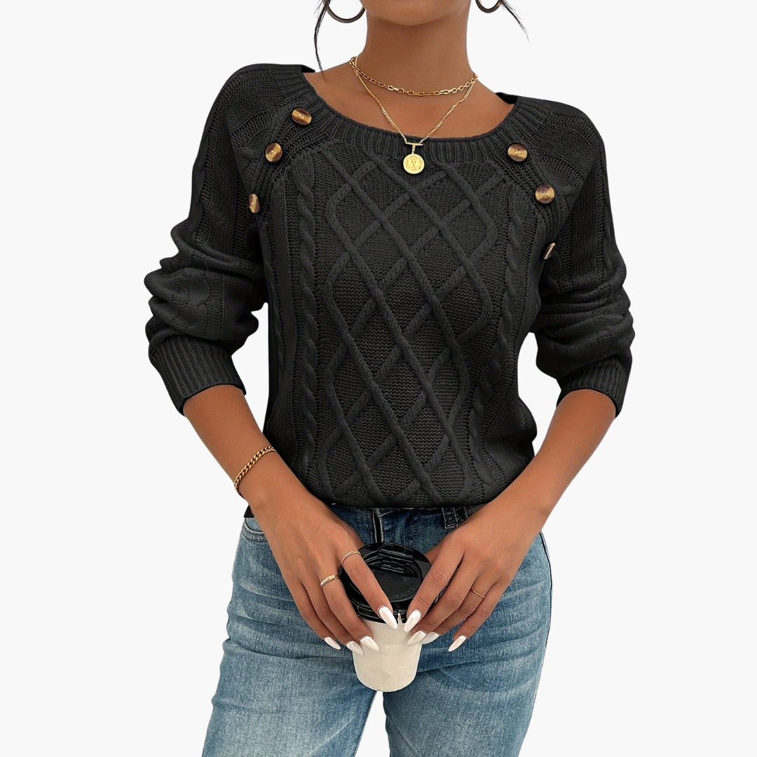 Pull femme maille torsadée col rond avec détail boutons