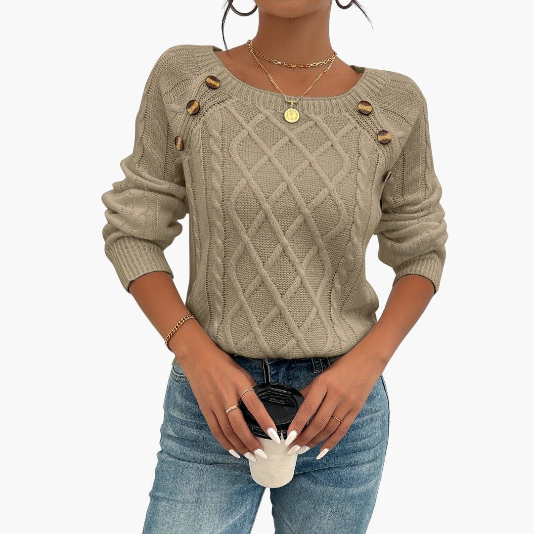Pull femme maille torsadée col rond avec détail boutons