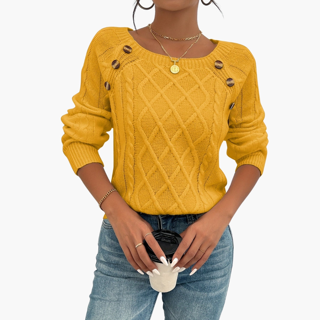 Pull femme maille torsadée col rond avec détail boutons