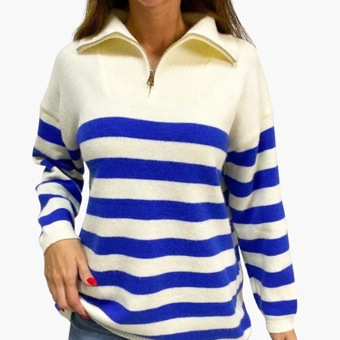 Camisola feminina riscada com gola alta e fecho de correr