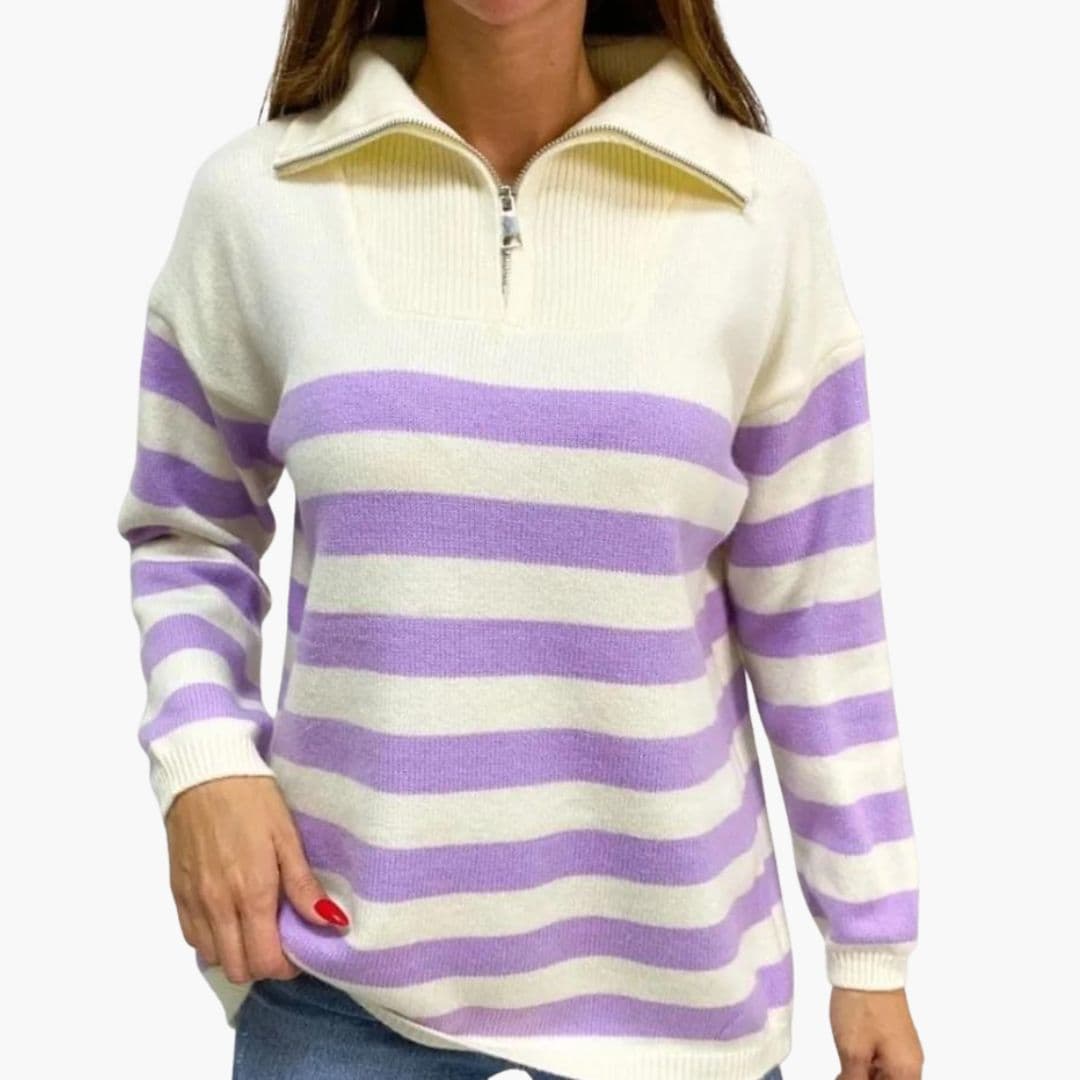 Camisola feminina riscada com gola alta e fecho de correr