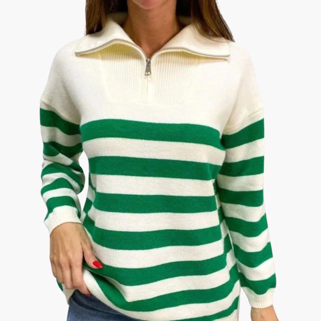 Camisola feminina riscada com gola alta e fecho de correr