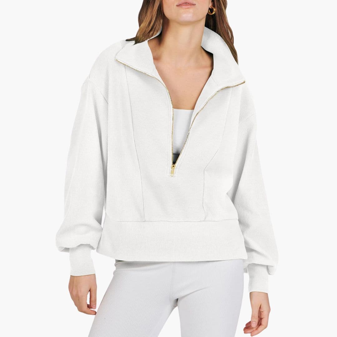 Women's sporty pullover with high collar and zip closure