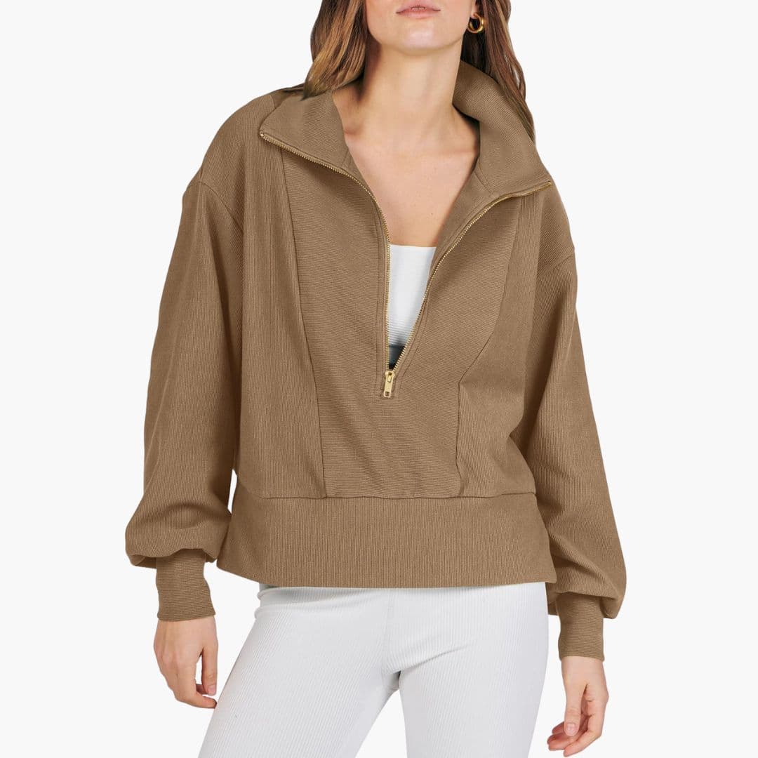 Women's sporty pullover with high collar and zip closure