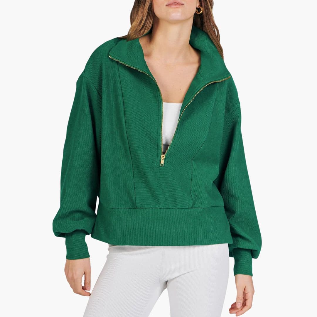 Women's sporty pullover with high collar and zip closure