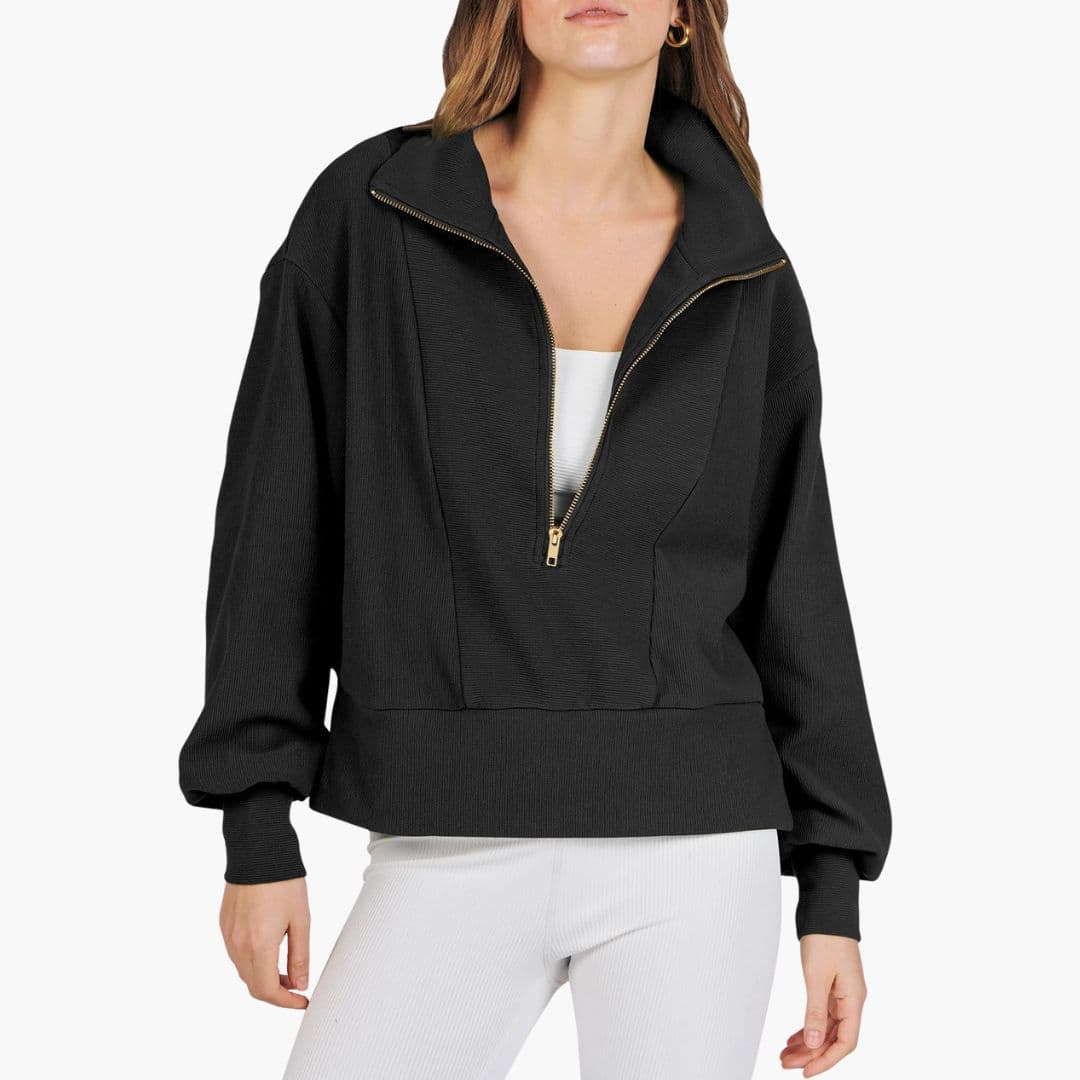 Women's sporty pullover with high collar and zip closure