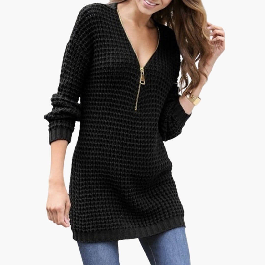 Pull feminino com fecho de correr, decote em V e malha texturada