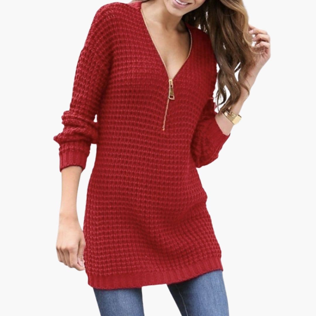 Pull feminino com fecho de correr, decote em V e malha texturada