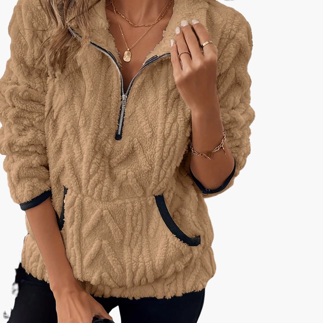 Pull polar em peluche para mulher com meio fecho e bolsos frontais
