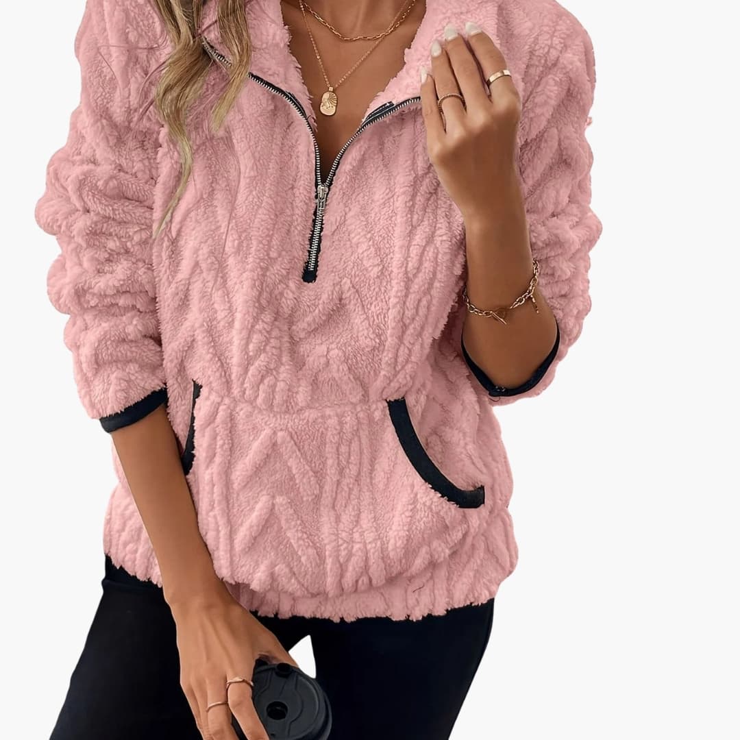 Pull polar em peluche para mulher com meio fecho e bolsos frontais