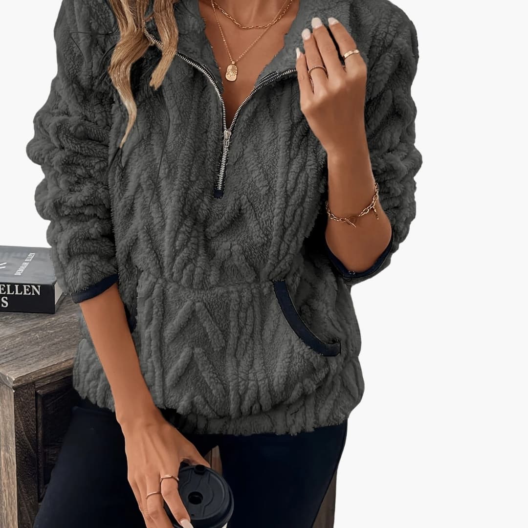 Pull polar em peluche para mulher com meio fecho e bolsos frontais