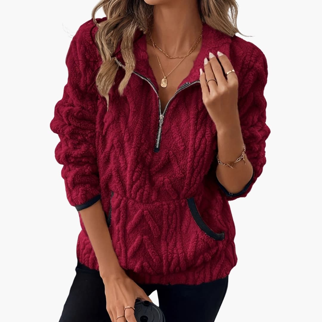 Pull polar em peluche para mulher com meio fecho e bolsos frontais