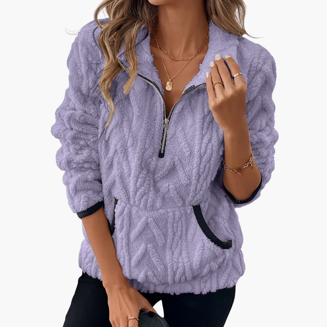 Pull polar em peluche para mulher com meio fecho e bolsos frontais
