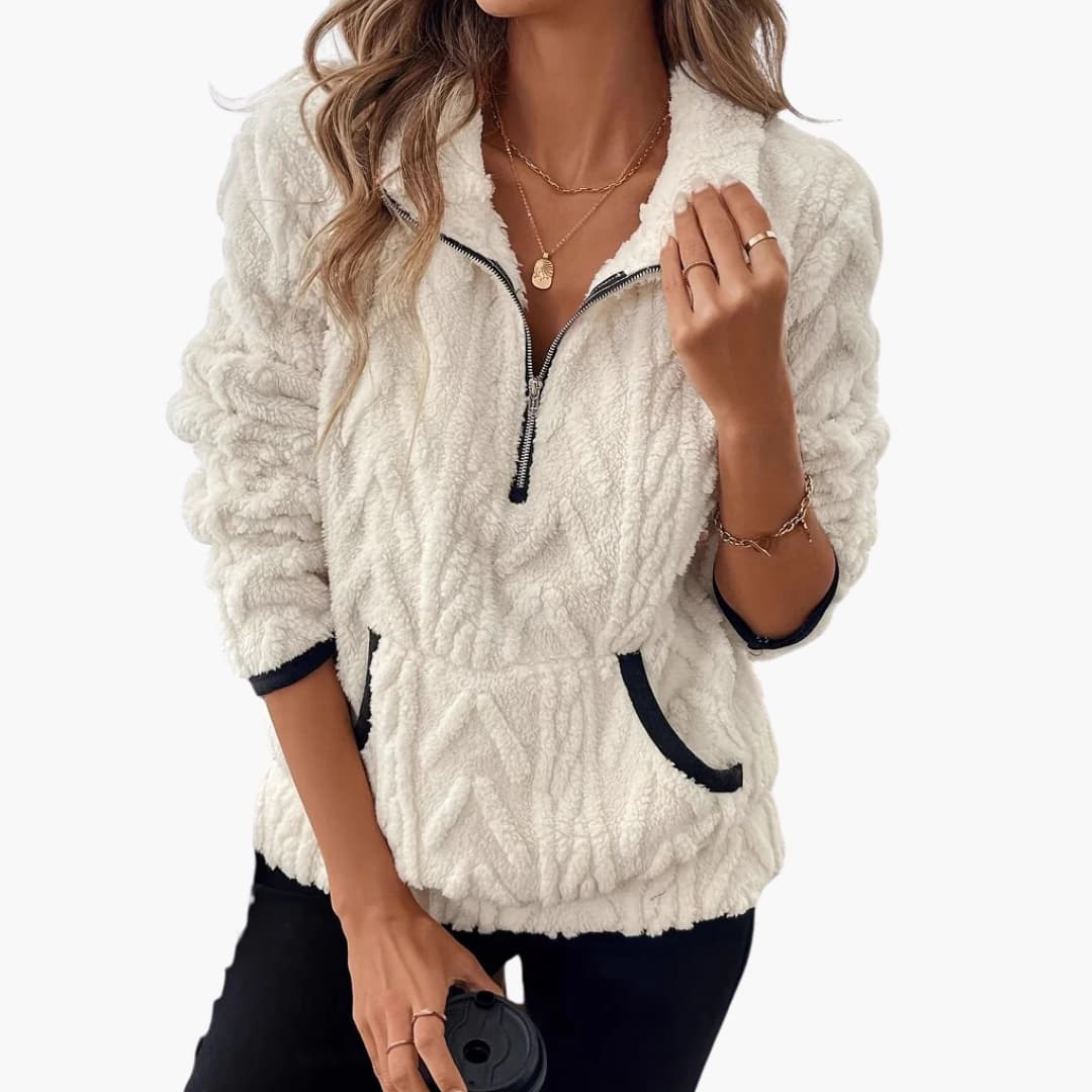Pull polar em peluche para mulher com meio fecho e bolsos frontais