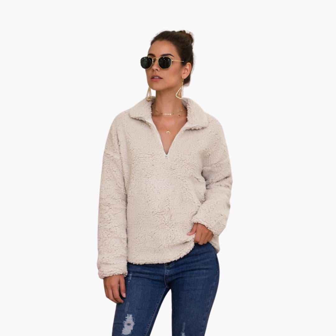 Dam fleece-tröja med halv dragkedja och lös passform