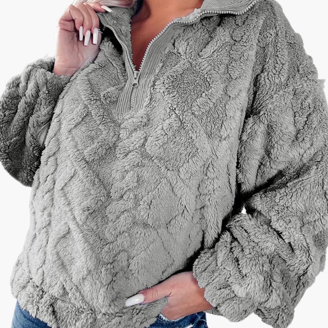 Oversized fleece trøje til kvinder med høj krave og quiltet tekstur