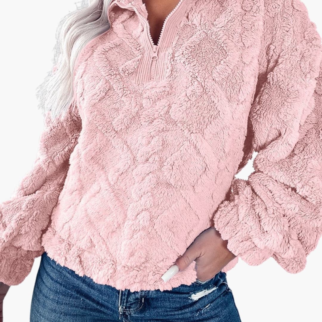Pull polar para mulher com gola meia-zip e padrão losango texturizado
