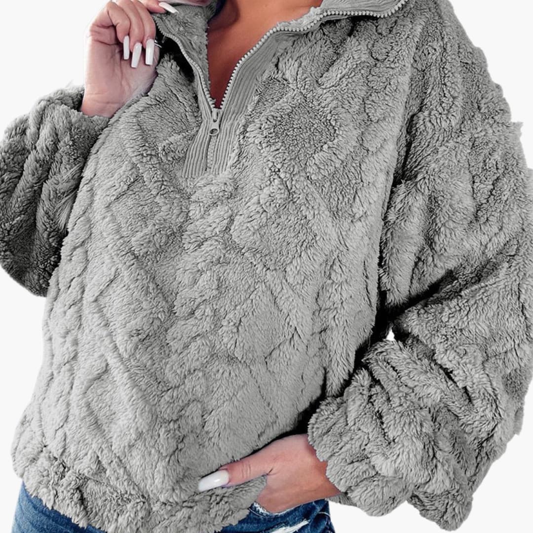 Pull polar para mulher com gola meia-zip e padrão losango texturizado